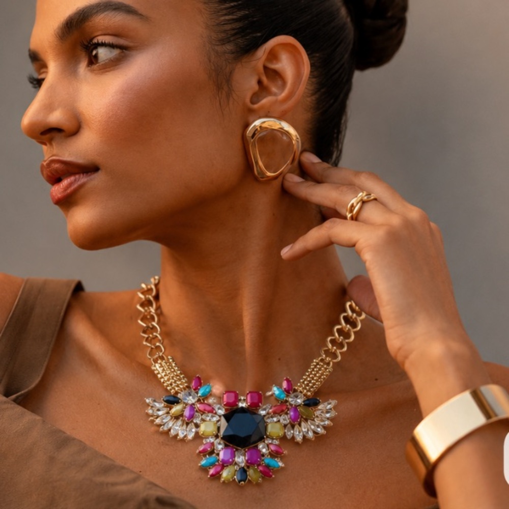 Multicolor Statement Bib Necklace - Gold Chain